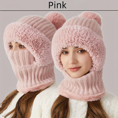 2pcs Women's Fleece Warm Hat and Glove Set, Knitted Fleece Hat with Fur Ball, Touch Screen Gloves, Winter Accessories, Suitable for Winter Outdoor