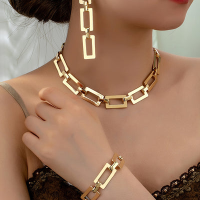 1 Set Simple and Versatile Retro Fashion Chain Buckle Necklace, Bracelet and Earrings