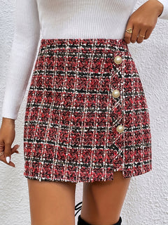 1pc Elegant French-Inspired Women'S Chic Plaid Polyester Skirt with Button Details, Woven Short Length A-Line Fit with Slit, All-Season Fashion Commuter Skirt