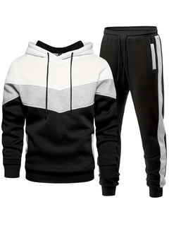 2pcs Comfy Breathable Men's Color Blocking Long Sleeve Hoodie + Sweatpants Slim Co-ord Fitness Set for Training Sports