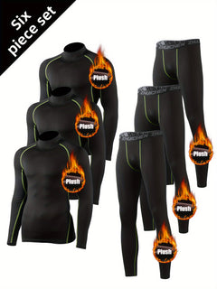 6pcs Men's Fleece-Lined Thermal Activewear Set - Long Sleeve, High Neck Top & Leggings for Running & Gym - Perfect for Fall/Winter