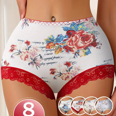 QUASTI 8-Piece Elegant Floral Print Cotton Briefs Set for Women - Mid-Rise, Lace Trimmed, Knit Fabric, Soft Breathable Underwear Collection