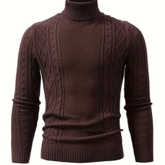 Soft Viscose Blend Men's Long Sleeve Turtleneck Sweater, Regular Fit Solid Color High Collar Knitwear with Ribbed Knit Pattern Design