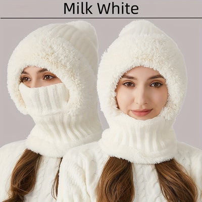 2pcs Women's Fleece Warm Hat and Glove Set, Knitted Fleece Hat with Fur Ball, Touch Screen Gloves, Winter Accessories, Suitable for Winter Outdoor