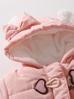 Baby Girls Cute Fleece Warm Hooded Bodysuit With Love Heart Button & Bow Accessories, With Cute Gloves, Suitable For Winter Outdoors