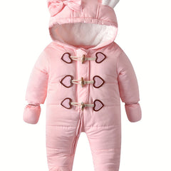 Baby Girls Cute Fleece Warm Hooded Bodysuit With Love Heart Button & Bow Accessories, With Cute Gloves, Suitable For Winter Outdoors