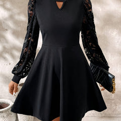 Lace Patchwork Lantern Sleeve Dress, Elegant Cut Out Crew Neck A-Line Flared Mini Dress For Spring & Fall, Women's Clothing