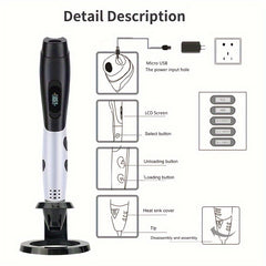 3D Printing Pen Kit with Adjustable Temperature and Speed, USB Powered, Anti-Scald Silicone Cover, for Ages 14+, Includes 12 PLA Filament Refills & Stencil Guide - Electronic Components Included