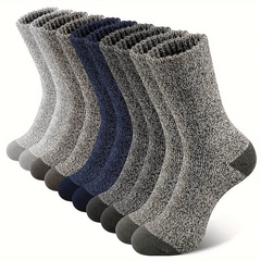 5 Pairs Men's Winter Thickened Fleece Warm Crew Socks, Polyester and Spandex Knit Fabric, Solid Color, Breathable Moisture-Wicking, Non-Binding Elastic Tube Socks