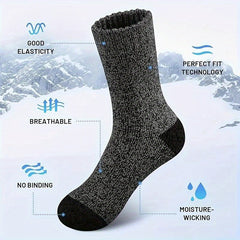 5 Pairs Men's Winter Thickened Fleece Warm Crew Socks, Polyester and Spandex Knit Fabric, Solid Color, Breathable Moisture-Wicking, Non-Binding Elastic Tube Socks