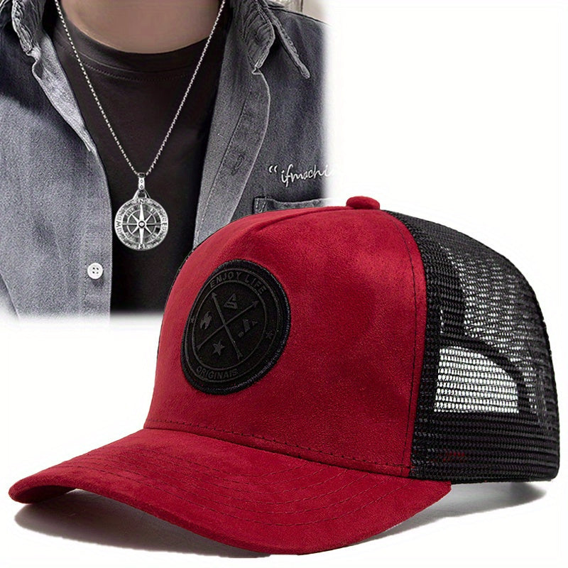 2pcs Vintage Style Men's Baseball Caps with Personalized Disc Pendant Necklace Set, Polyester Mesh Sunshade Hat for Unisex