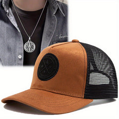 2pcs Vintage Style Men's Baseball Caps with Personalized Disc Pendant Necklace Set, Polyester Mesh Sunshade Hat for Unisex