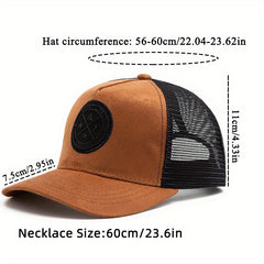 2pcs Vintage Style Men's Baseball Caps with Personalized Disc Pendant Necklace Set, Polyester Mesh Sunshade Hat for Unisex