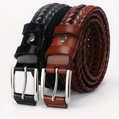 2-Pack Men's Vintage Genuine Leather Woven Belts with Alloy Square Buckle, Casual Sports Style, Hollow Design, Ideal for Jeans and Pants - Gift Suitable