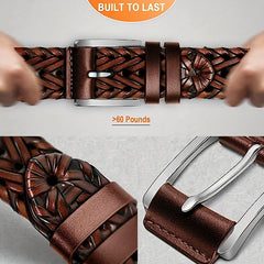 2-Pack Men's Vintage Genuine Leather Woven Belts with Alloy Square Buckle, Casual Sports Style, Hollow Design, Ideal for Jeans and Pants - Gift Suitable