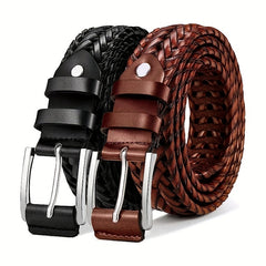 2-Pack Men's Vintage Genuine Leather Woven Belts with Alloy Square Buckle, Casual Sports Style, Hollow Design, Ideal for Jeans and Pants - Gift Suitable