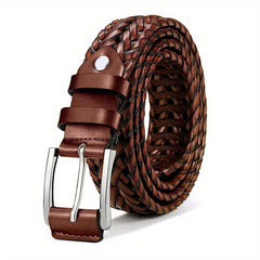 2-Pack Men's Vintage Genuine Leather Woven Belts with Alloy Square Buckle, Casual Sports Style, Hollow Design, Ideal for Jeans and Pants - Gift Suitable