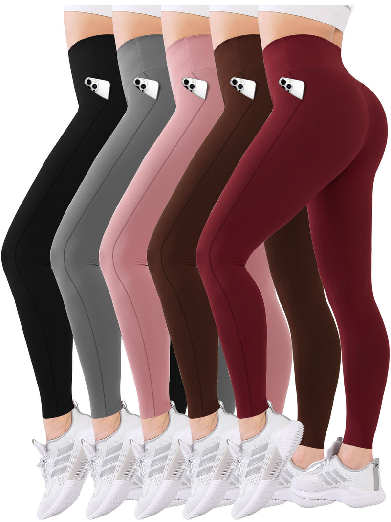 5-Pack Elegant High-Waisted Leggings with Pockets for Women, Ultra-Soft Tummy-Control Yoga Pants, Invisible Fit for Running & Fitness, Solid Color, Knitted Fabric, All Seasons