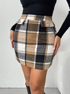 Women's Plaid Pencil Skirt, Elegant Polyester (PET) Fabric, Button Detail, Woven, Fashionable Half-Skirt for All Seasons