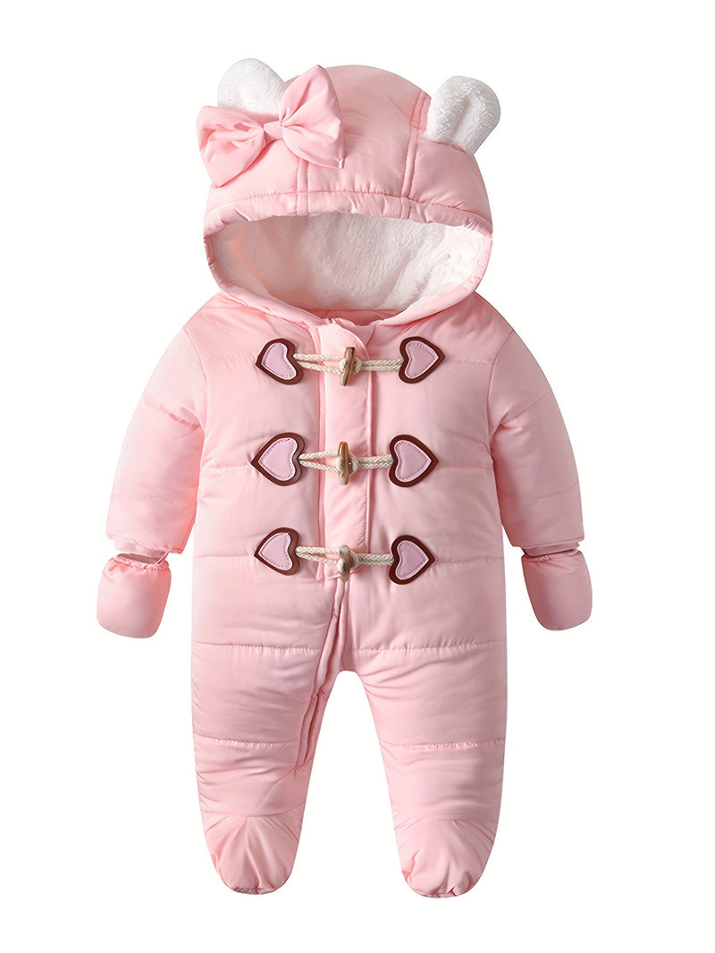 Baby Girls Cute Fleece Warm Hooded Bodysuit With Love Heart Button & Bow Accessories, With Cute Gloves, Suitable For Winter Outdoors