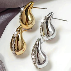 Two Pairs of Fashionable European and American Water Drop Golden and Silvery Rhinestone Earrings Set