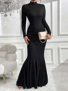 1pc Elegant High Neck Mermaid Dress for Women, Solid Color Slim Fit Polyester Knit Long Sleeve Tail Gown, Casual Style for All Seasons