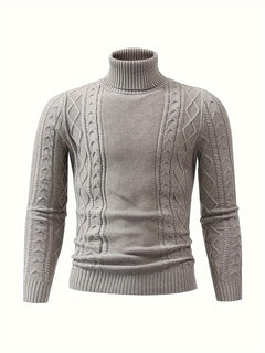 Soft Viscose Blend Men's Long Sleeve Turtleneck Sweater, Regular Fit Solid Color High Collar Knitwear with Ribbed Knit Pattern Design