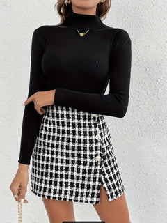 Elegant Women's Plaid Skirt with Button Detail - High Waist, Non-Stretch Polyester, Machine Washable - Perfect for Fall/Winter, Elegant Style, Autumn/Winter