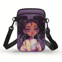 1pc Stylish African Girl Printing Chic Double Layers Crossbody Bag Small Phone Holder Lightweight Adjustable Strap Zipper