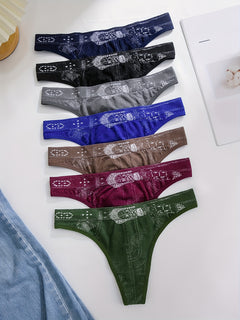 7pcs Women'S Polyester Thongs, Jacquard Weave, Low-Rise G-String Underwear, Seamless, Stretchable, with Imitation Washed Denim Design, in Multiple Colors