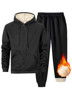 Men's Fleece-Lined Hoodie & Joggers Set - Casual, Warm Outdoor Sportswear with Zip-Up Jacket and Drawstring Pants