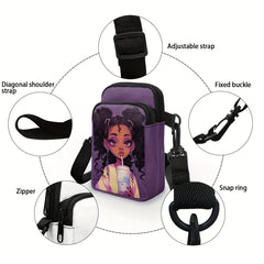 1pc Stylish African Girl Printing Chic Double Layers Crossbody Bag Small Phone Holder Lightweight Adjustable Strap Zipper