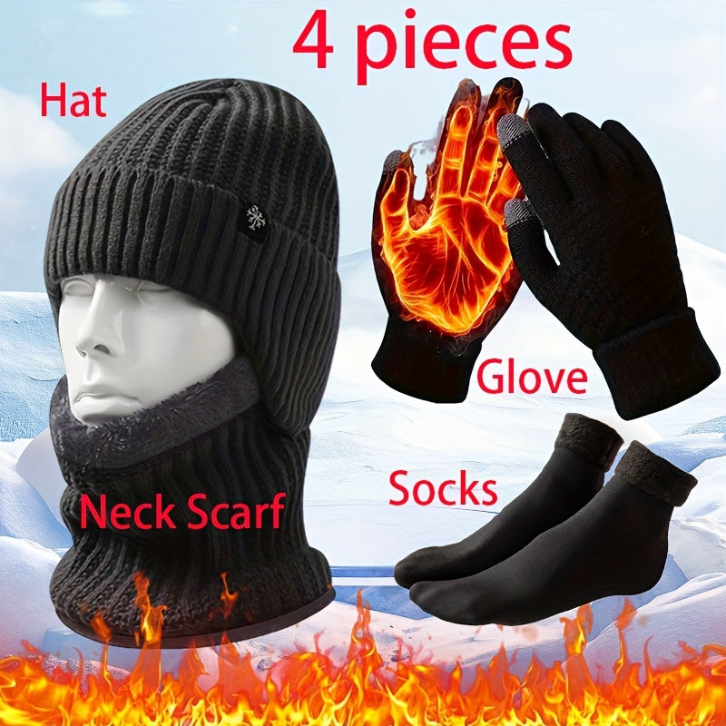 4-Piece Winter Warmth Set for Men, Polyester Beanie, Scarf, Gloves, Socks, Thickened, High Elasticity, Skin-Friendly, Solid Color, Knitted, Hand Wash or Dry Clean