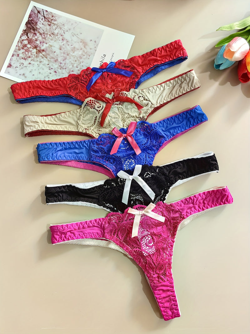 5pcs Sexy Lace Thongs for Women - Low Rise, Hollow-Out Design with Bow Detail, Breathable Nylon Blend