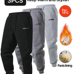 3pcs Men's Fleece-Lined Warm Joggers - Casual, Thickened for Winter Comfort, Machine Washable