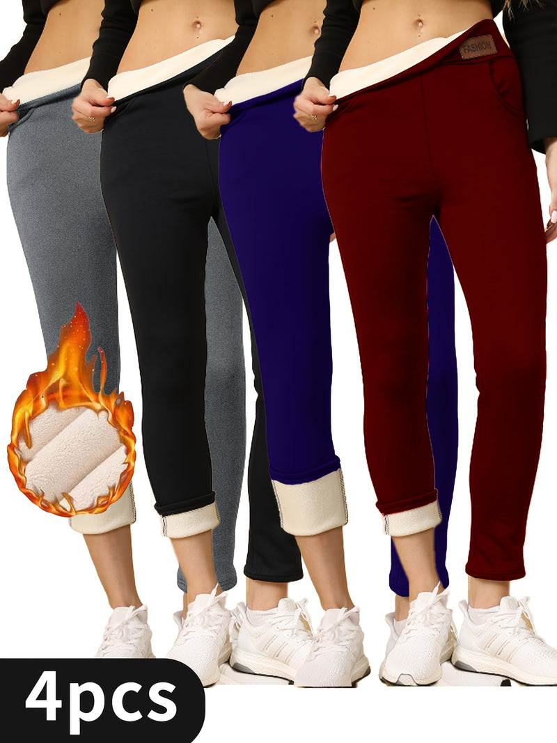 4pcs Women'S Plus Size Fleece Thermal Leggings, High Waist Warm Leggings For Fall & Winter