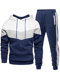 2pcs Comfy Breathable Men's Color Blocking Long Sleeve Hoodie + Sweatpants Slim Co-ord Fitness Set for Training Sports