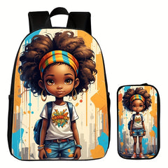 2pcs 3D Printed African Girl Pencil Case Backpack Set, Student School Bag, Girl Shoulder Bag Backpack Pencil Case Two-piece Set