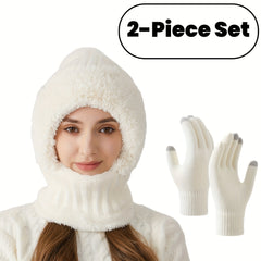 2pcs Women's Fleece Warm Hat and Glove Set, Knitted Fleece Hat with Fur Ball, Touch Screen Gloves, Winter Accessories, Suitable for Winter Outdoor