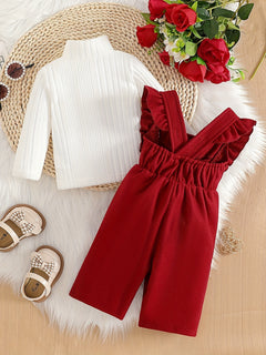 2PCS Baby Girl's Stylish Set For Spring/Autumn, Ribbed Turtleneck Top & Ruffle Bowknot Strap Overalls Set, Cute Style