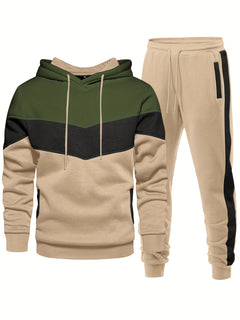 2pcs Comfy Breathable Men's Color Blocking Long Sleeve Hoodie + Sweatpants Slim Co-ord Fitness Set for Training Sports