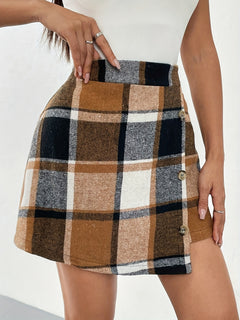 Elegant Women'S Plaid Mini Skirt, 100% Polyester Woven Fabric, with Elastic Back Design and Button Detail, for Fall/Winter