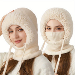 2pcs Women's Fleece Warm Hat and Glove Set, Knitted Fleece Hat with Fur Ball, Touch Screen Gloves, Winter Accessories, Suitable for Winter Outdoor