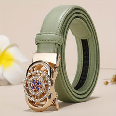 Ladies Leather Belt Leather Automatic Button Leather Fashion Korean Version Of The New Green Jeans Belt With White Decoration