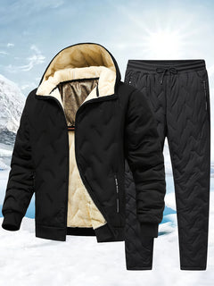 Men's Winter Fleece-Lined Hooded Jacket & Pants Set - Casual, Warm Outdoor Gear with Zipper Pockets