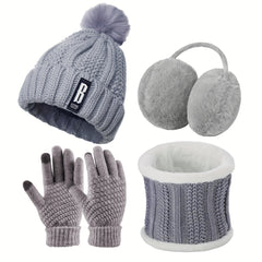 4pcs Winter Accessories Set for Women - Polyester Knitted Beanie Hat with Pompom, Ear Warmers, Touch Screen Gloves, and Scarf - Skiing and Outdoor Sports Warm Set