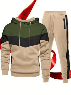 2pcs Comfy Breathable Men's Color Blocking Long Sleeve Hoodie + Sweatpants Slim Co-ord Fitness Set for Training Sports