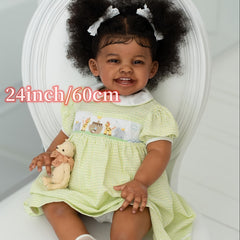 24in Lifelike Black Girl Doll - Soft Vinyl Toddler with Hand-Rooted Curly Hair, 2 Teeth, Dress-Up Capabilities