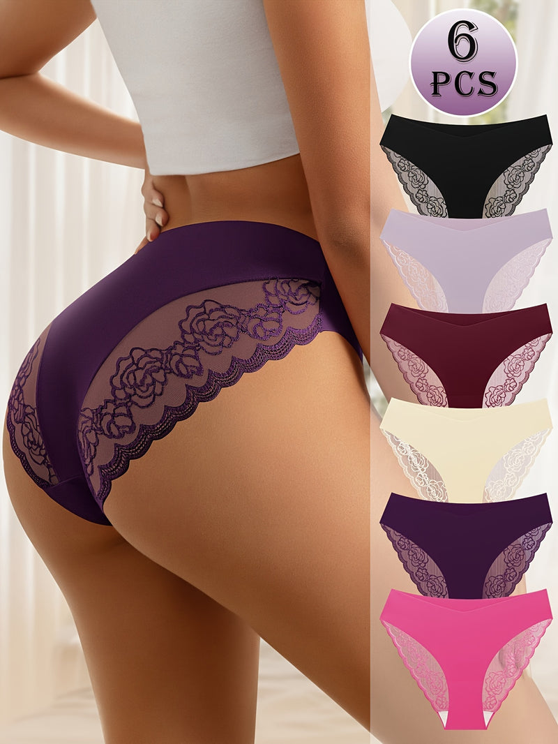 6pcs Women's Low Waist Panties Triangle Panties Plain Color Lace Trim Thin and Breathable