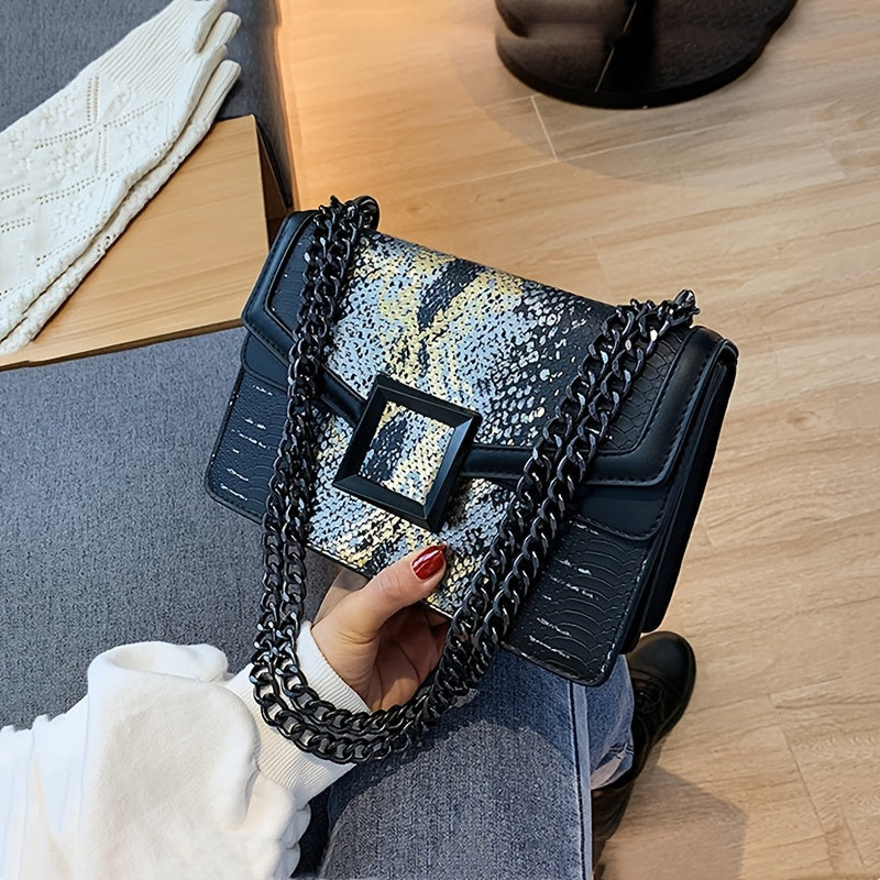 Fashion Personality Chain Oblique Shoulder Small Retro Crocodile Pattern Square Bag